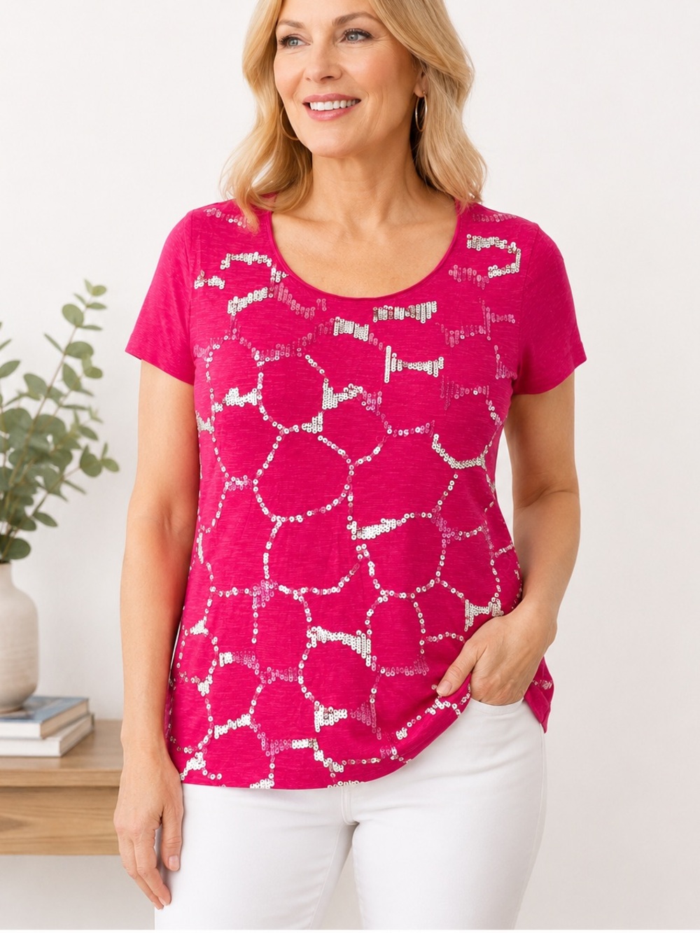 Zenergy by Chico's Pink Sequin Scoop Neck Top Size 2